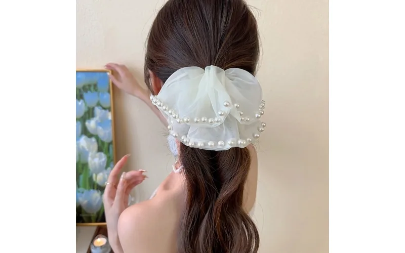 St Future Pearl-Trim Mesh Bow Scrunchie Collection