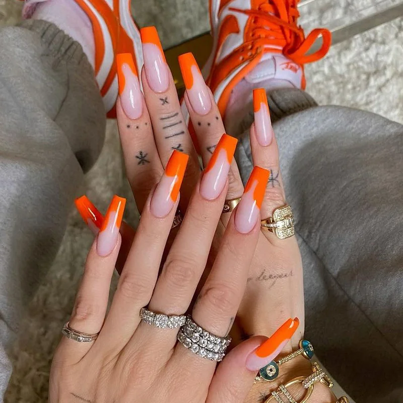 St Future Orange Flame & Leopard Long Coffin Nails