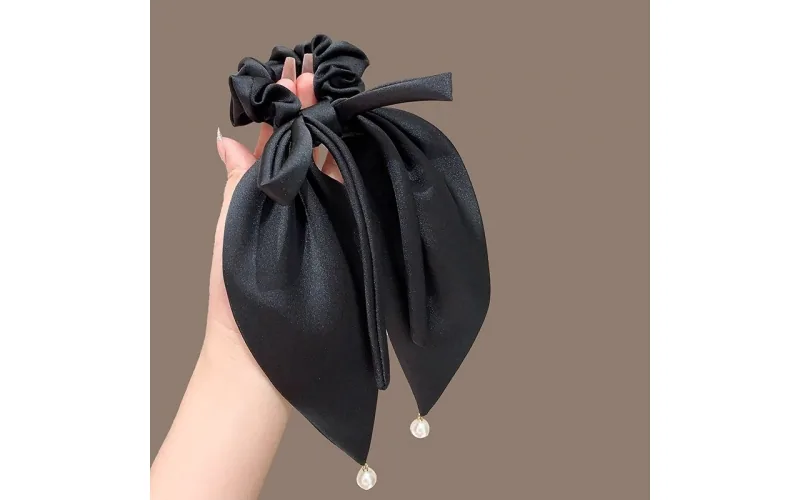 St Future Black Satin Long-Ribbon Bow Barrette