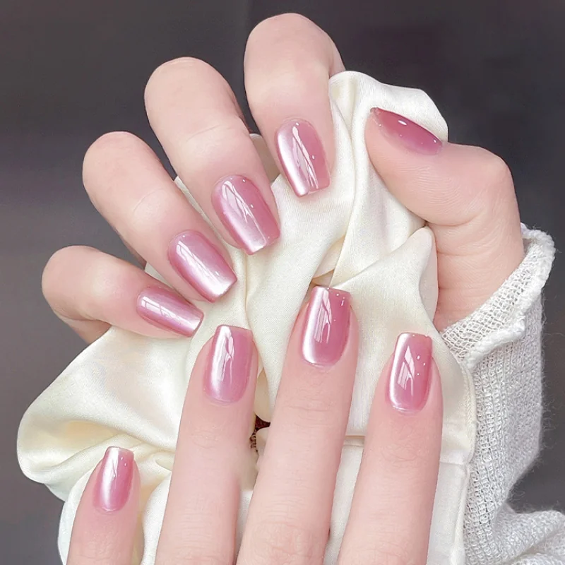 St Future Pink Crystal Cat-Eye Almond Press-On Nails