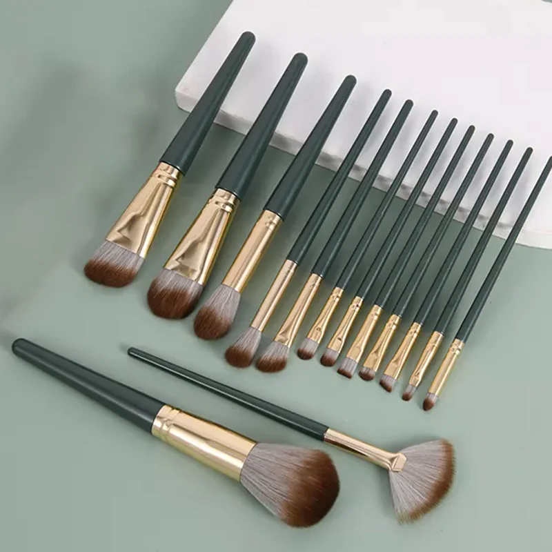 St Future Ensemble de pinceaux de maquillage vert olive 14 pièces