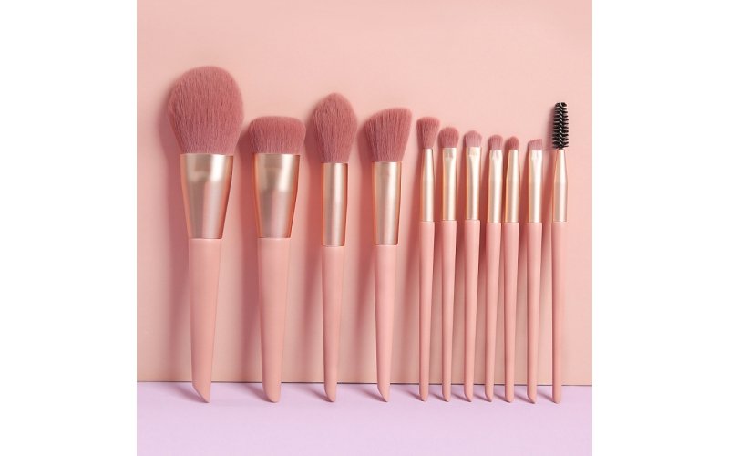 Juego de brochas de maquillaje rosa de 11 piezas con bolsa de transporte