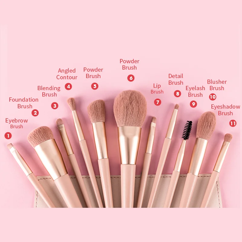 St Future Juego de brochas de maquillaje rosa de 11 piezas con bolsa de transporte