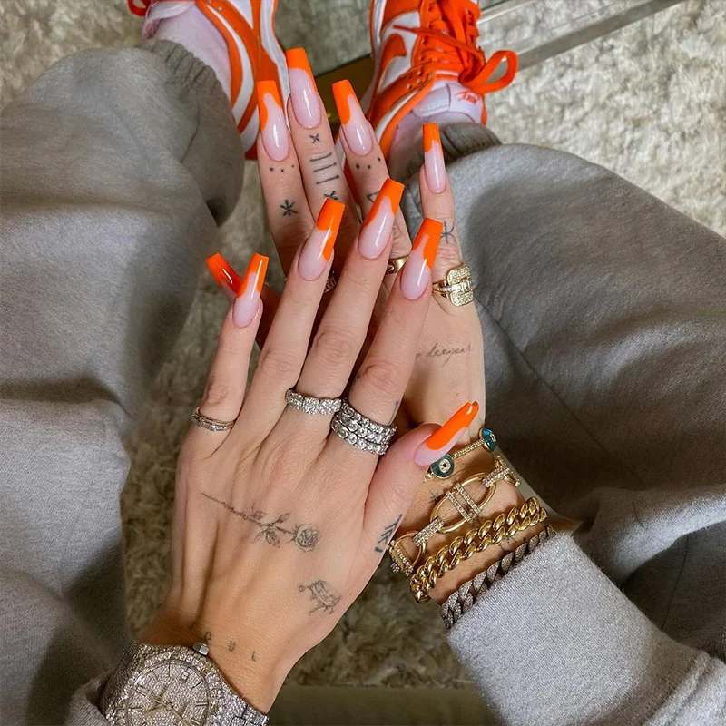 St Future Orange Flame & Leopard Long Coffin Nails