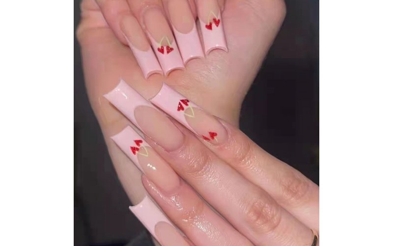 St Future Pink Heart & Rhinestone Coffin Press-On Nails