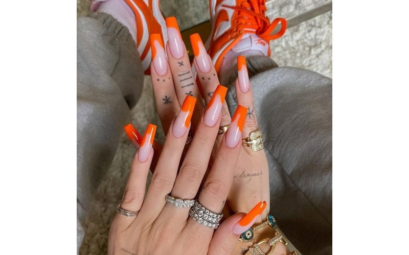 Orange Flame & Leopard Long Coffin Nails
