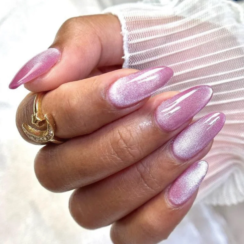 St Future Pink Crystal Cat-Eye Almond Press-On Nails