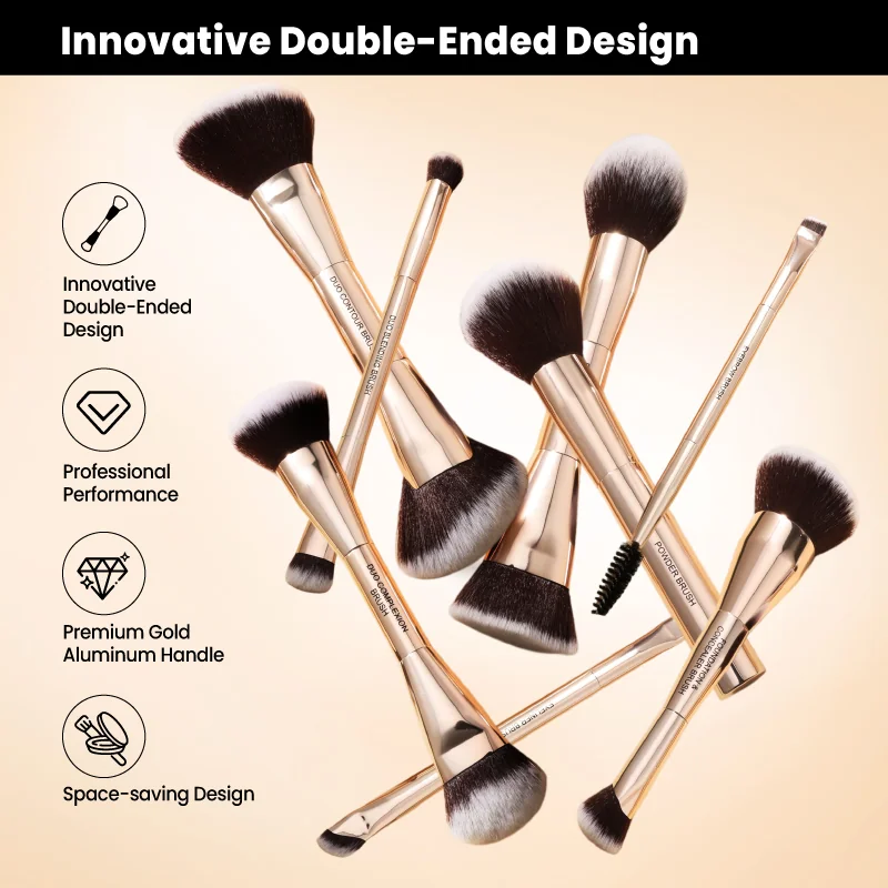 St Future Collection de pinceaux de maquillage à double extrémité entièrement en aluminium
