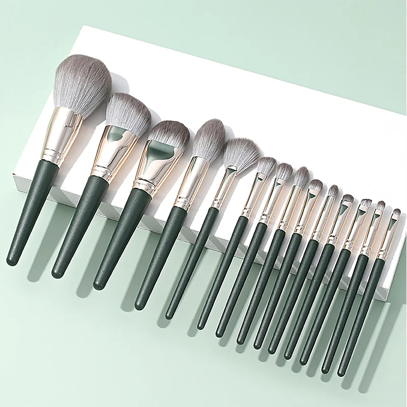 St Future Ensemble de pinceaux de maquillage vert olive 14 pièces