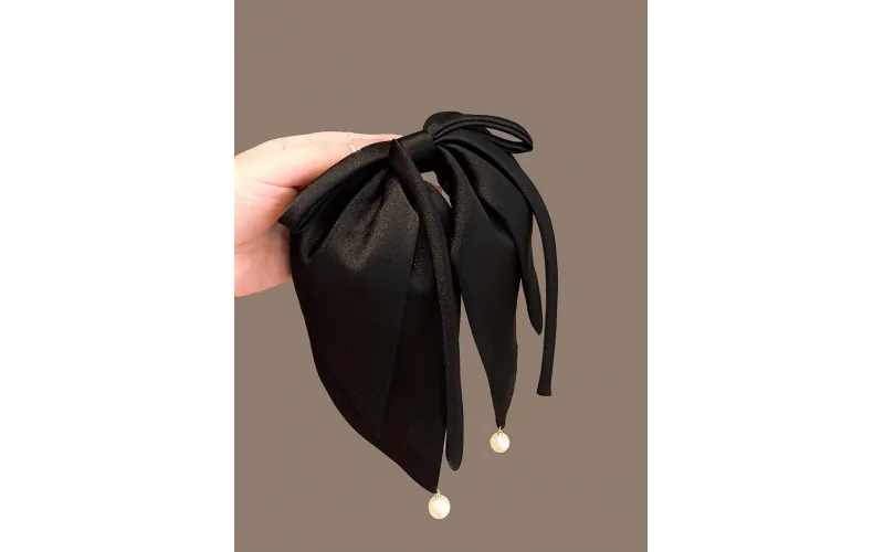 St Future Black Satin Long-Ribbon Bow Barrette