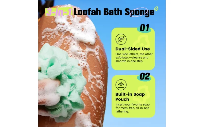 St Future 3-in-1 Dual-Sided Loofah Bath Sponge with Soap Pouch