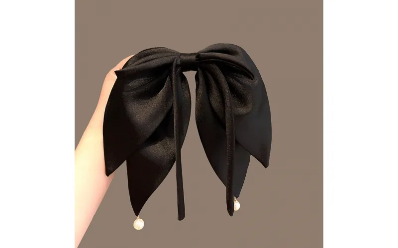 St Future Black Satin Long-Ribbon Bow Barrette
