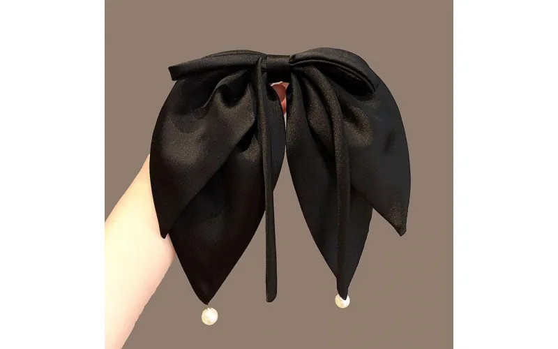 St Future Black Satin Long-Ribbon Bow Barrette