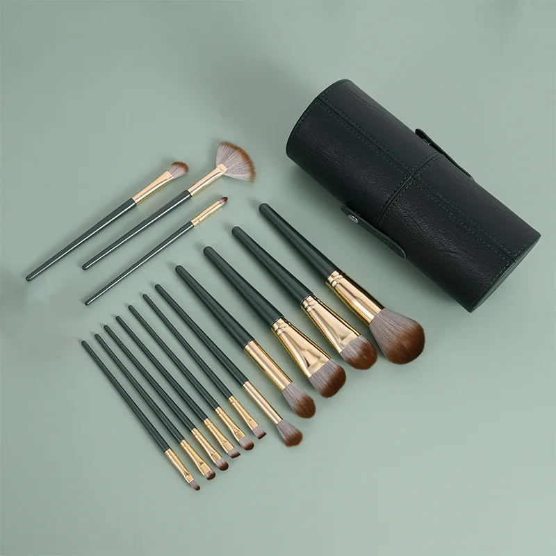 St Future Ensemble de pinceaux de maquillage vert olive 14 pièces