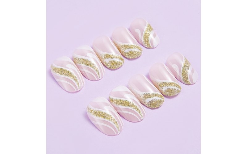 Glossy Line-Art Short Coffin Press-On Nails
