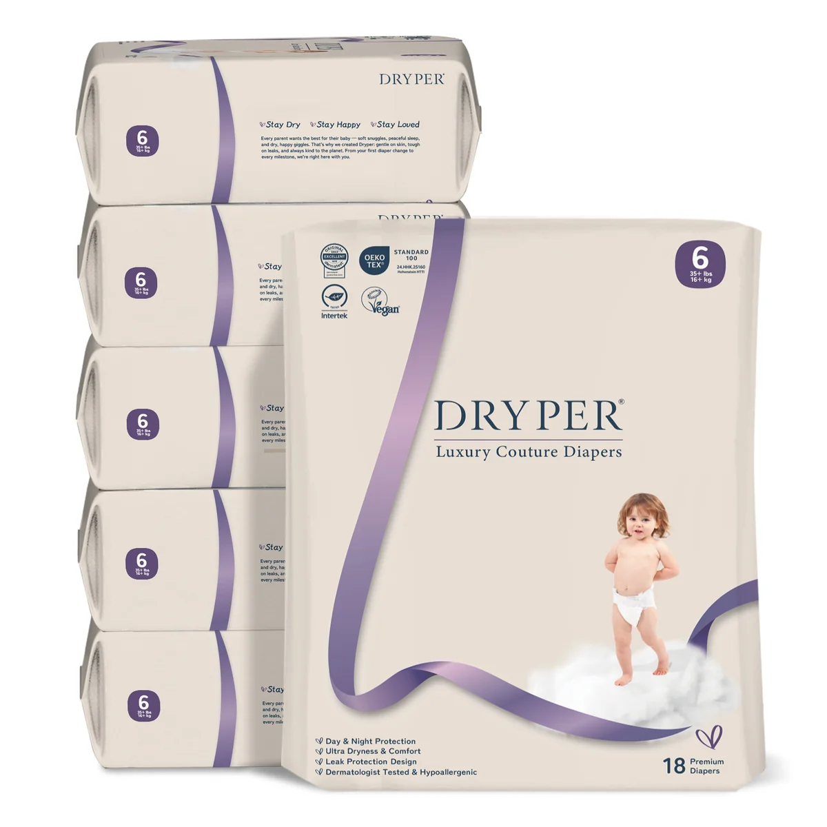 St Future Dryper Luxury Couture Baby Diapers Size 6 (16kg+), 18 Count – Ultra Dry & Leak Protection, Hypoallergenic, Vegan, OEKO-TEX Certified, Day & Night Comfort production industrial FSC